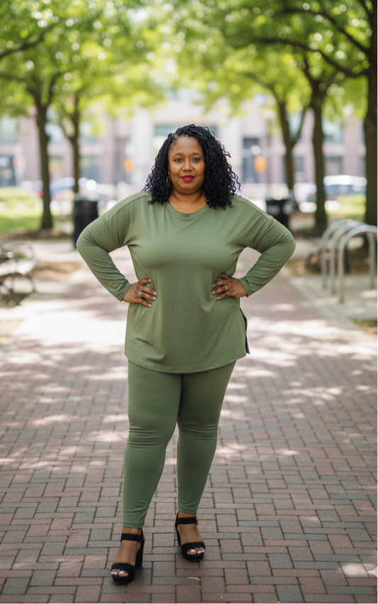 Plus Size Long Sleeve Lounge Set- Lt. Olive