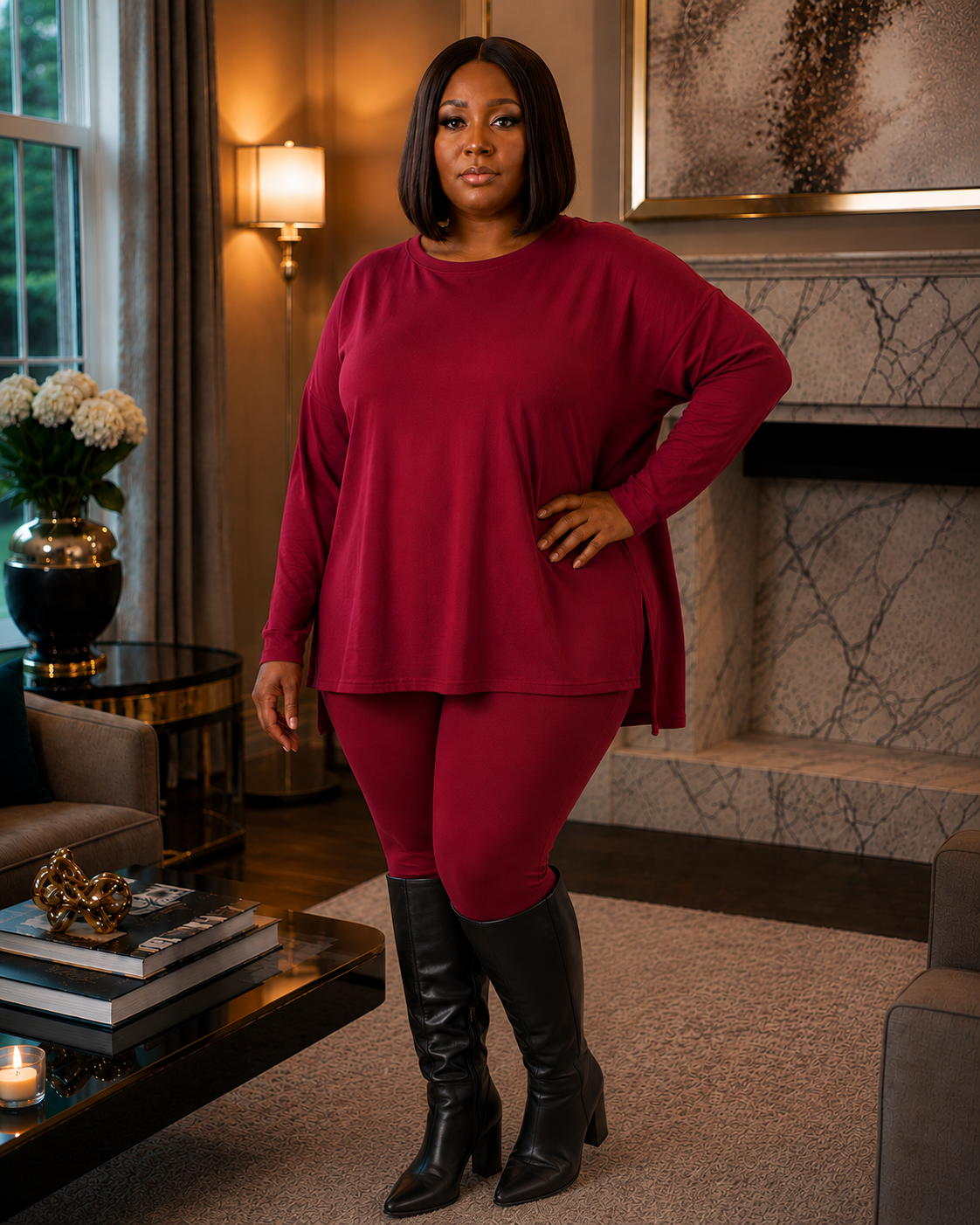 Plus Size Long Sleeve Lounge Set- Cabernet
