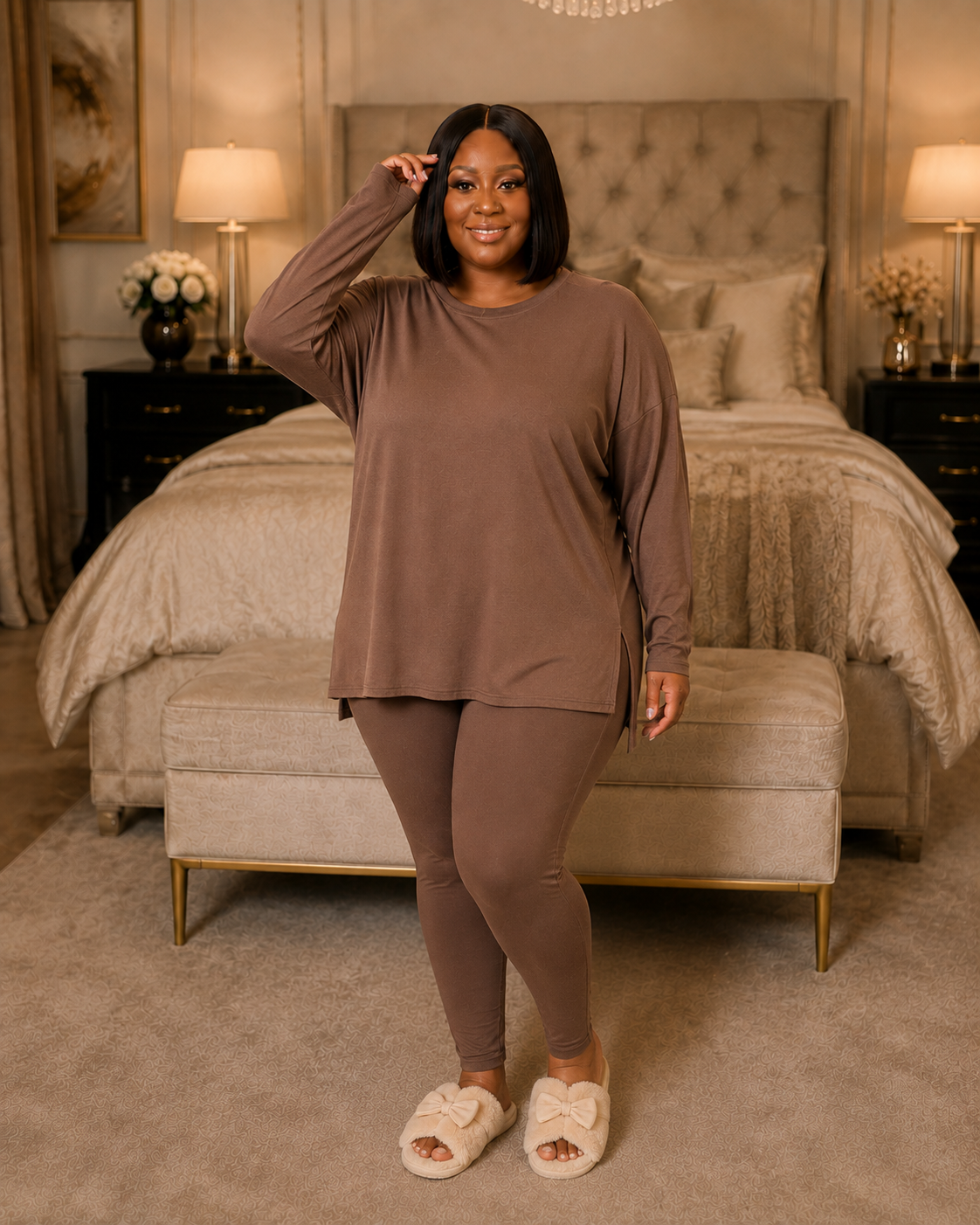Plus Size Long Sleeve Lounge Set- Brown