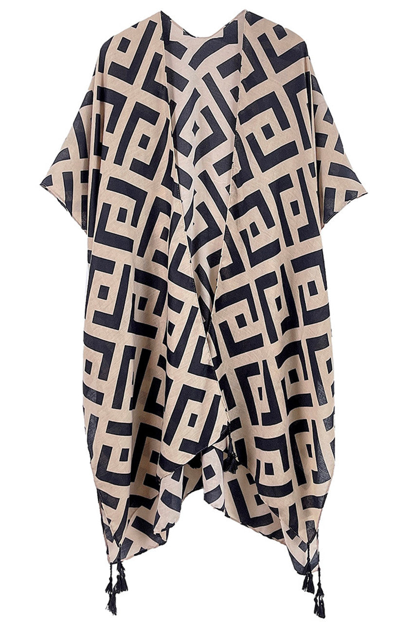 Geometric Pattern Print Tassel Kimono Taupe and Black