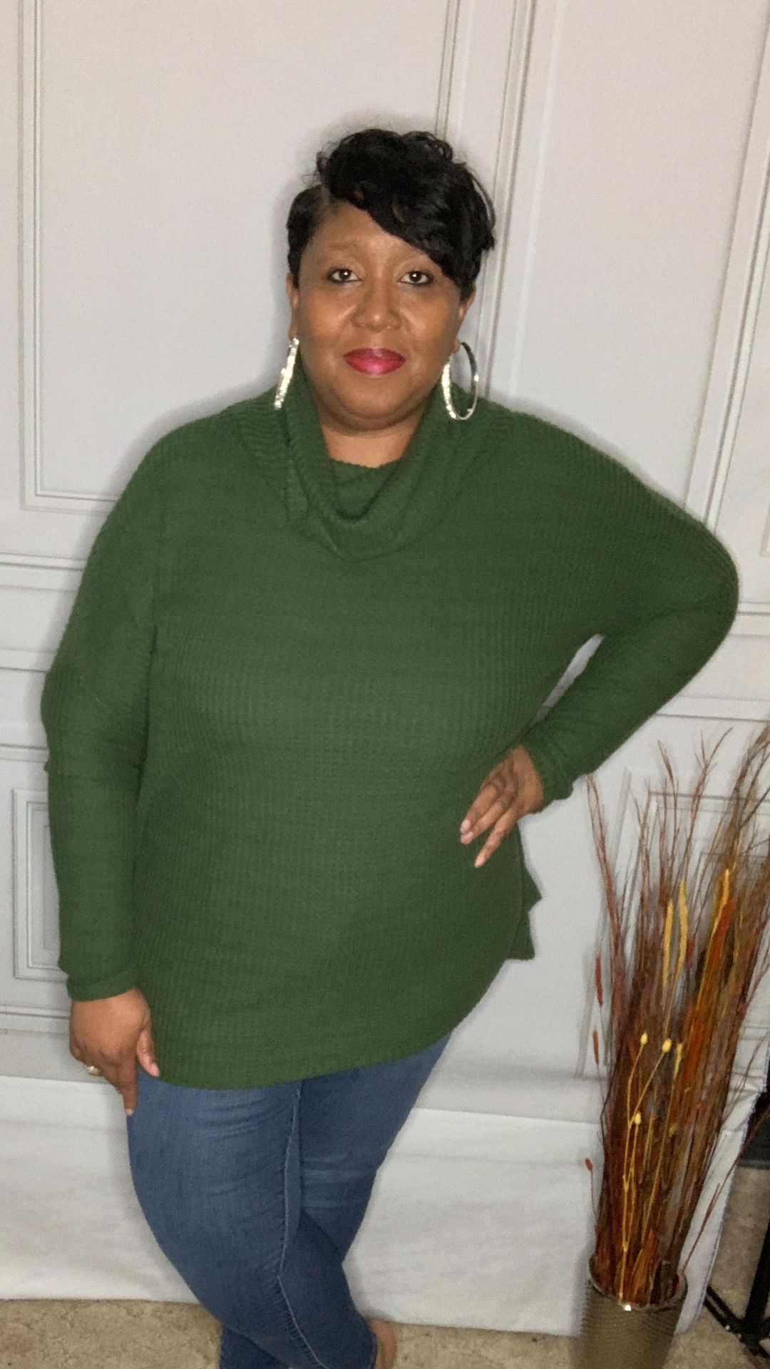 Plus Size Army Green Cowl Neck Sweater