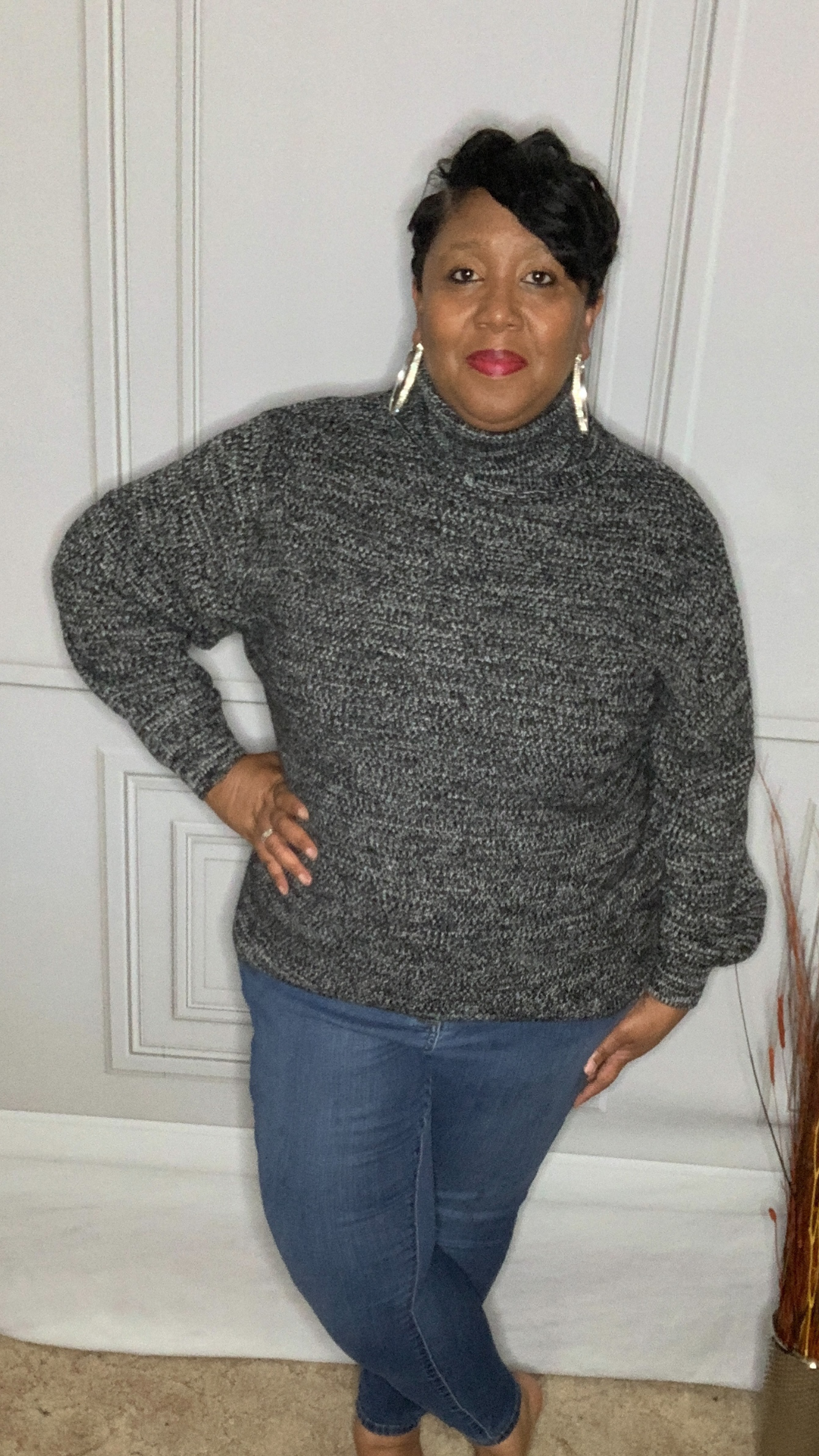Plus Size Black Turtleneck Balloon Sleeve Sweater