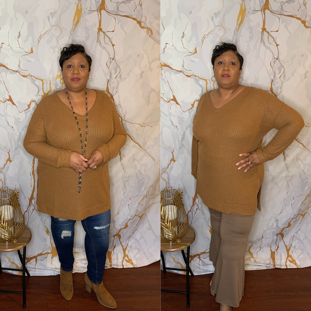 Lisa V-Neck Waffle Sweater Almond freeshipping - Curvy and Beautiful Boutique