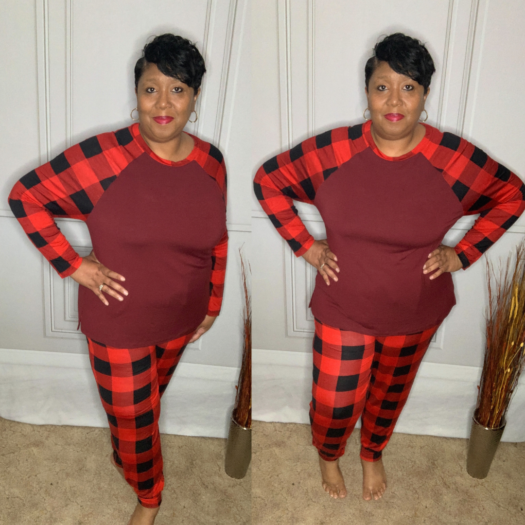 Plus Size Burgundy Plaid Lounge Sets