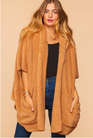 Plus Size Cozy Sherpa Hoodie Poncho in Taupe