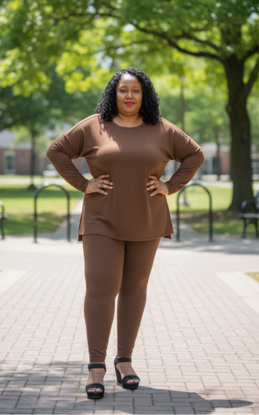 Plus Size Long Sleeve Lounge Set- Brown