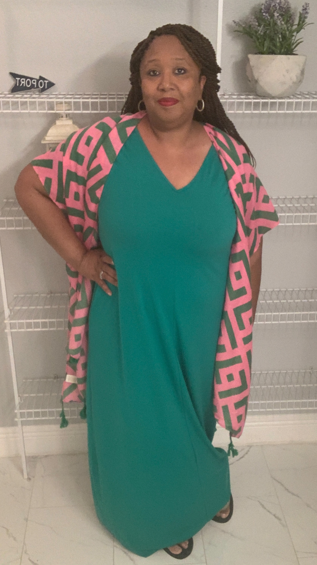 Plus Size Geometric Print Tassel Kimono Pink & Green
