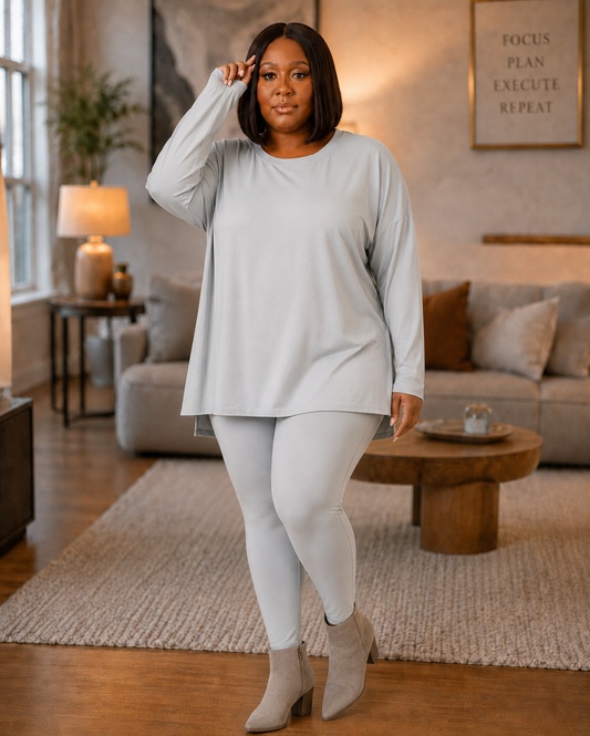 Plus Size Long Sleeve Lounge Set- Lt. Grey