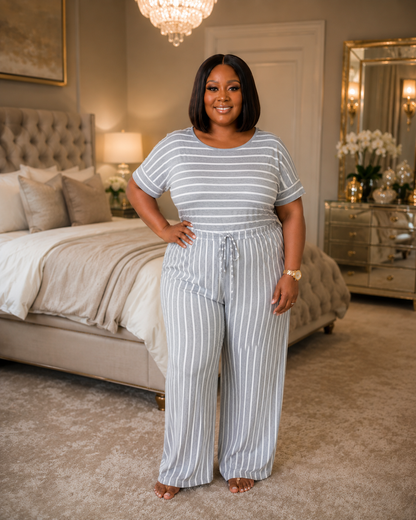 Plus Size Grey Strip Wide Leg Jumpsuit