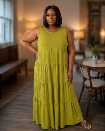 Plus Tiered Maxi Dress| Olive Mustard