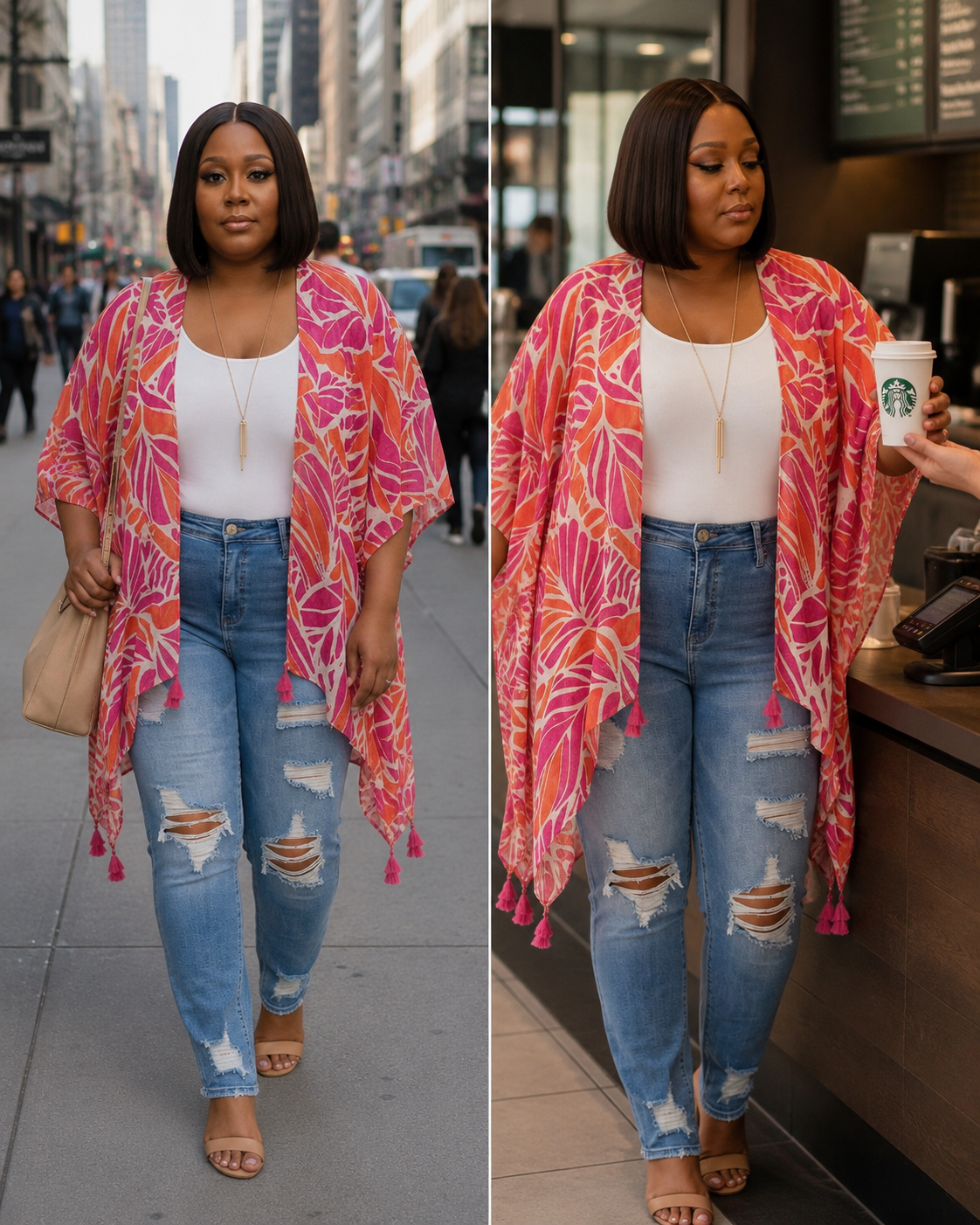 Plus Size Abstract Leaves Tassel Kimono