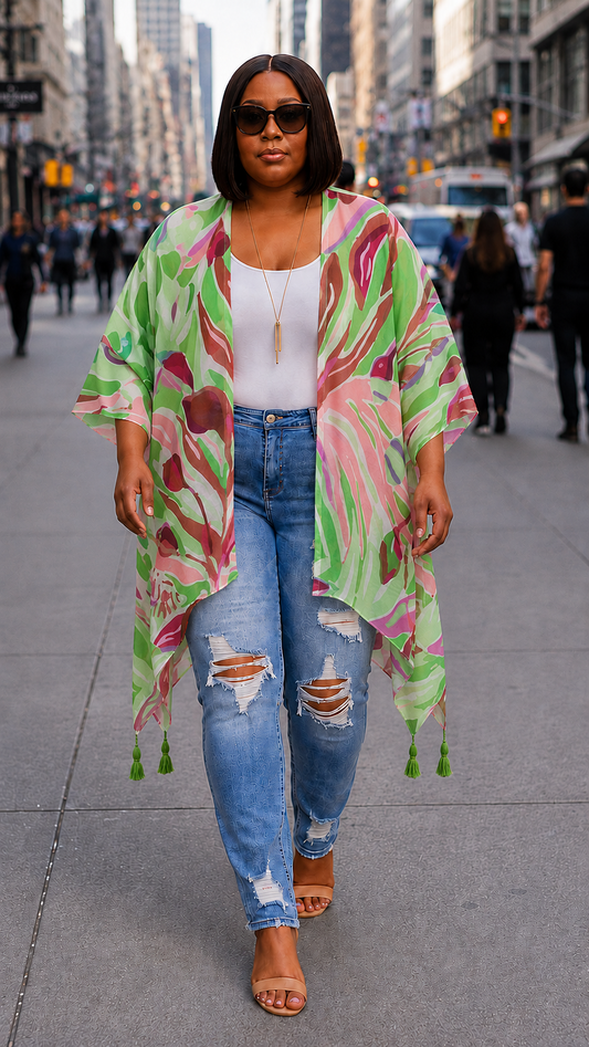 Plus Size Floral Tassel Kimono