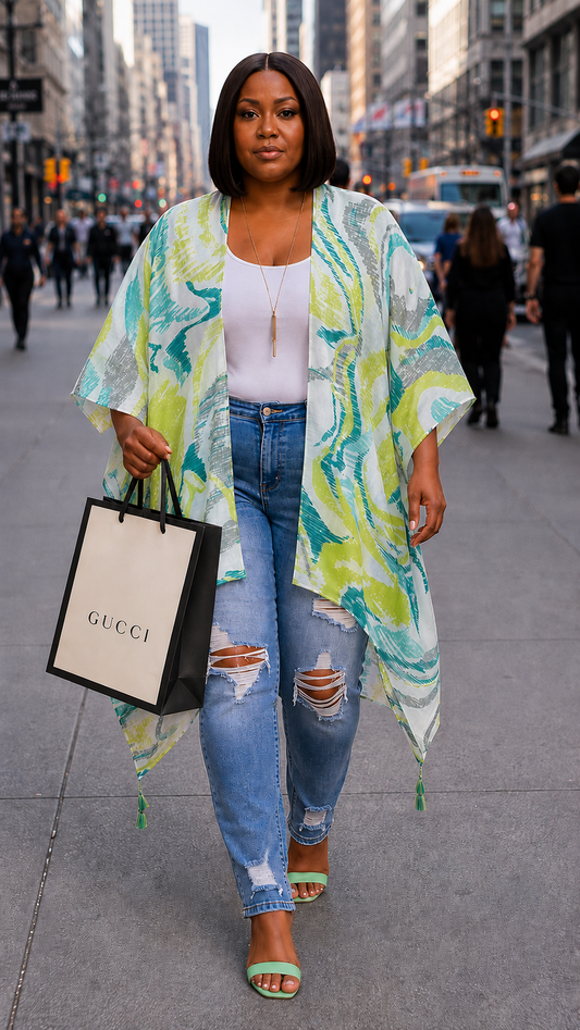 Plus Size Abstract Blue and Yellow Tassel Kimono