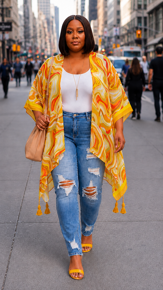 Plus Size Abstract Mustard Tassel Kimono