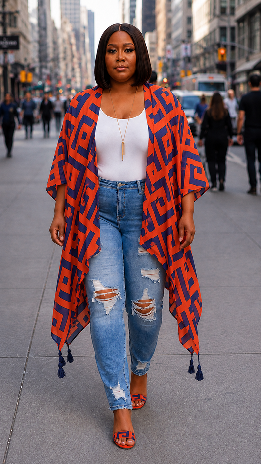 Plus Size Geometric Pattern Tassel Kimono