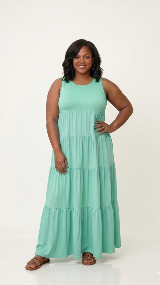 Plus Size Tiered Maxi Dress|Mint Green