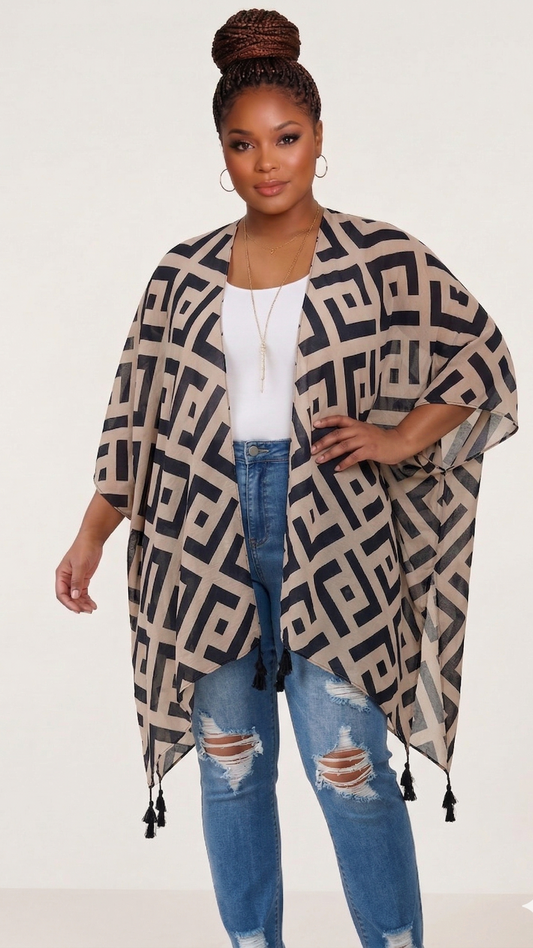 Plus Size Geometric Print Tassel Kimono Taupe