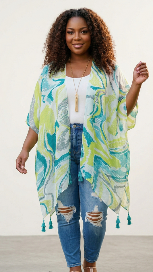 Plus Size Abstract Blue and Yellow Tassel Kimono