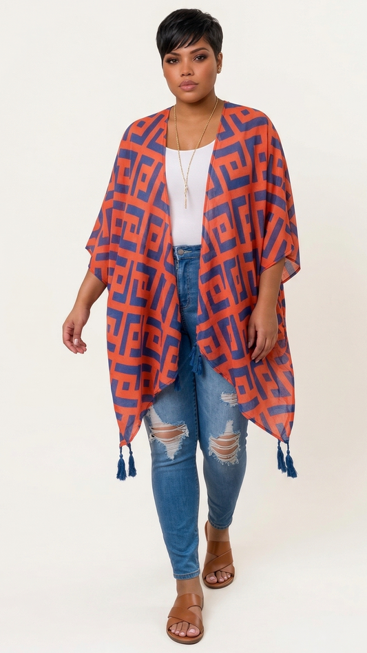 Plus Size Geometric Pattern Tassel Kimono