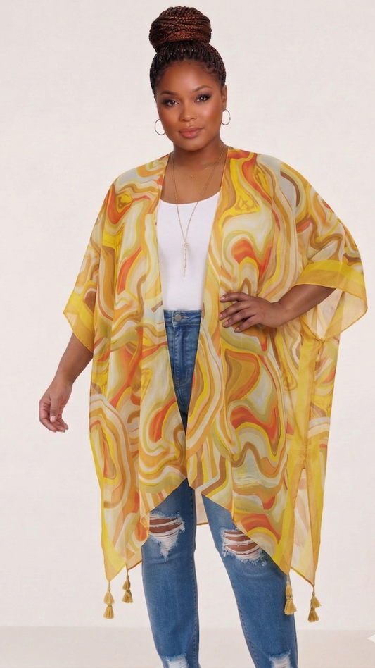 Plus Size Abstract Mustard Tassel Kimono