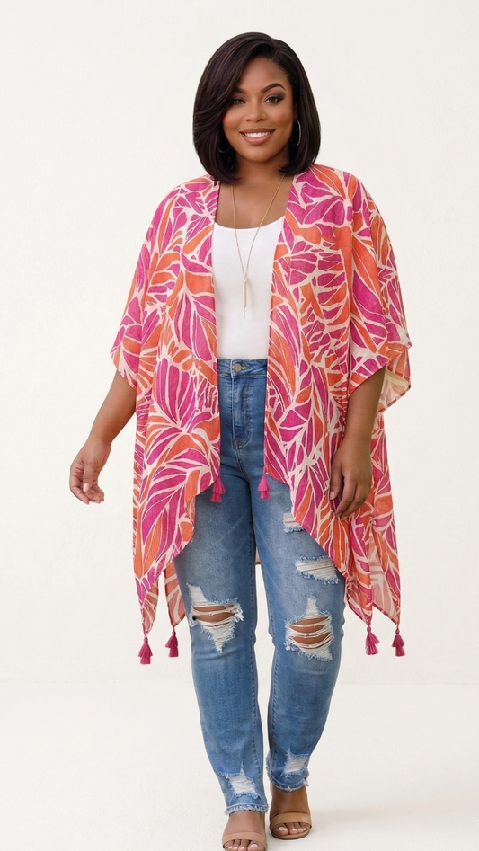 Plus Size Abstract Leaves Tassel Kimono