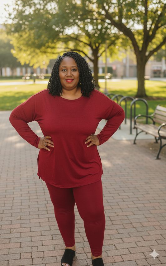 Plus Size Long Sleeve Lounge Set- Cabernet