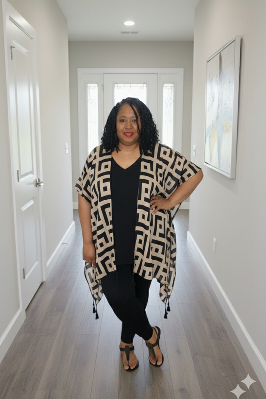 Plus Size Geometric Print Tassel Kimono Taupe