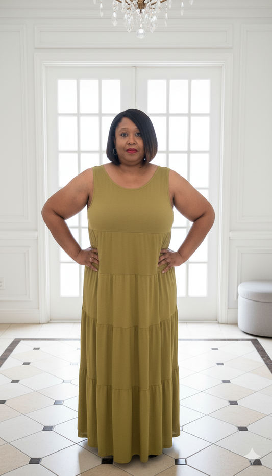 Plus Size Olive Mustard Tiered Maxi Dress
