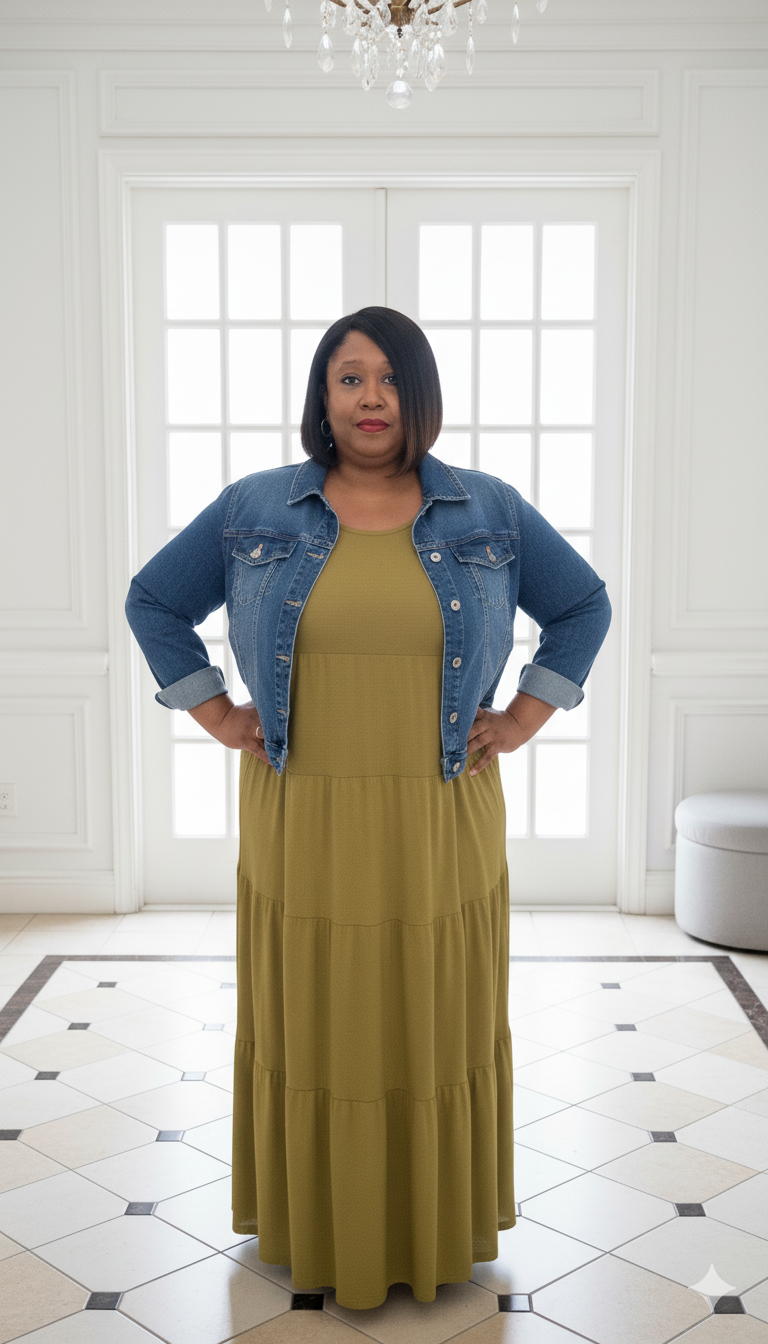 Plus Size Olive Mustard Tiered Maxi Dress