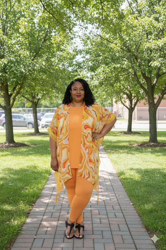 Abstract Mustard Plus Size Tassel Kimono