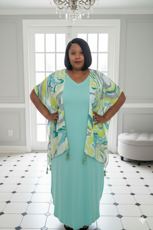Abstract Blue and Yellow Plus Size Tassel Kimono