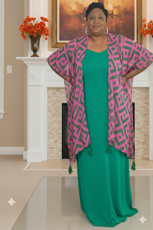 Plus Size Geometric Print Tassel Kimono Pink & Green