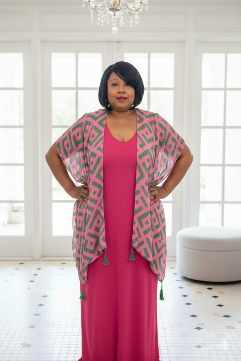 Plus Size Geometric Print Tassel Kimono Pink & Green