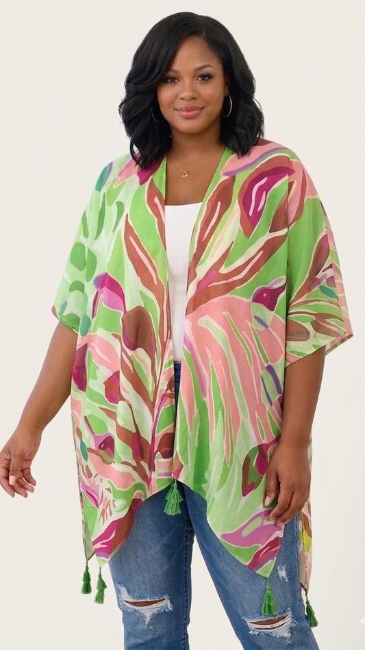 Plus Size Floral Tassel Kimono