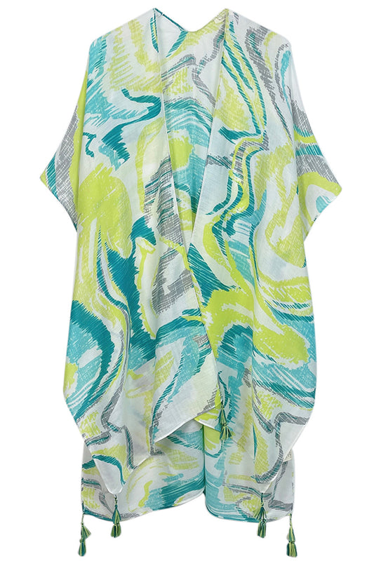 Plus Size Abstract Print Tassel Kimono blue and yellow