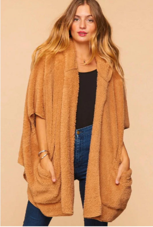 Plus Size Cozy Sherpa Hoodie Poncho-Taupe