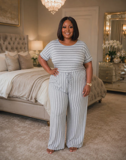 Plus Size Grey Strip Wide Leg Jumpsuit