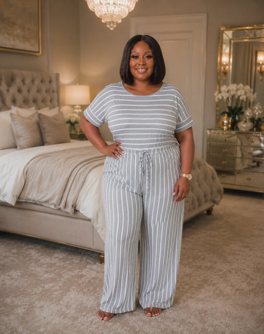 Plus Size Grey Strip Wide Leg Jumpsuit