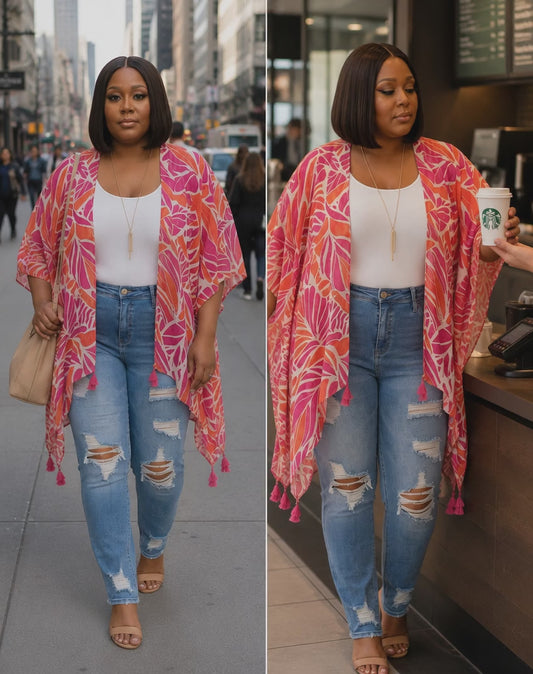 Plus Size Abstract Leaves Tassel Kimono