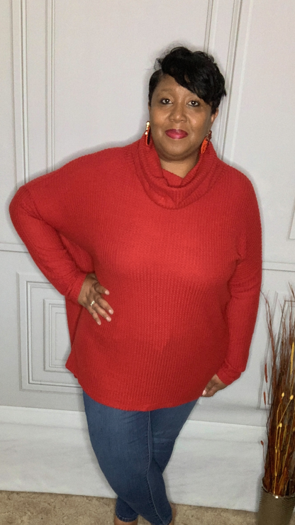 Plus Size Red Cowl Neck Sweater