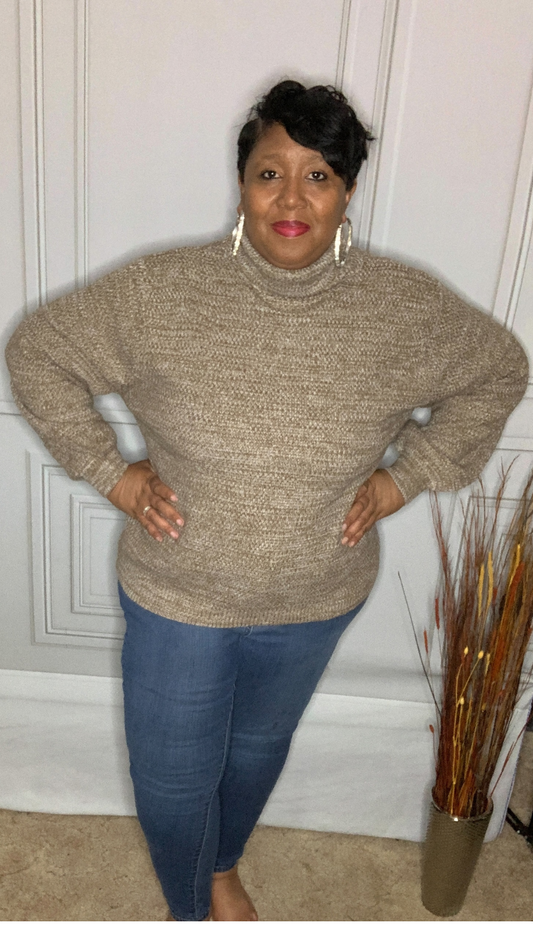 Plus Size Mocha Turtleneck Balloon Sleeve Sweater
