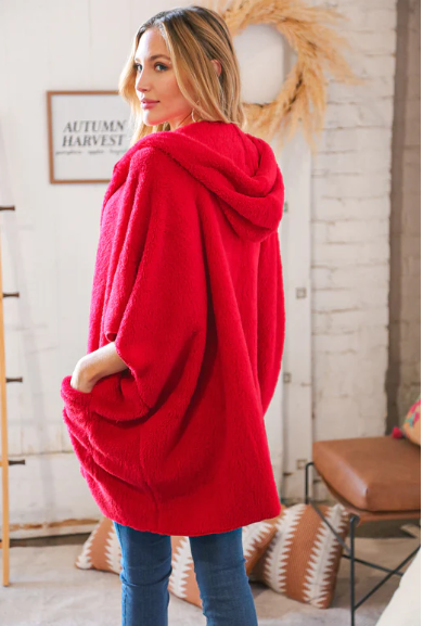 Cozy Sherpa Hoodie Poncho-Red