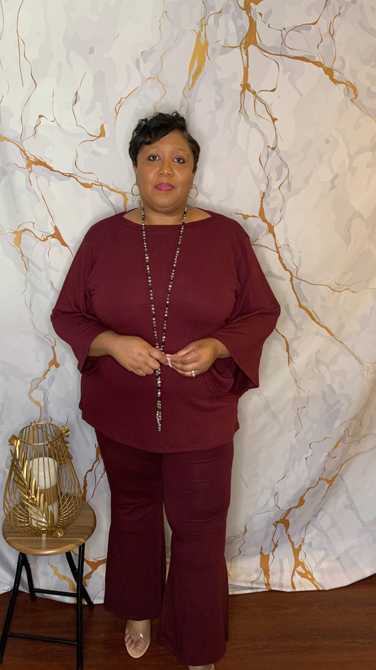 Plus Size Bell Sleeve Set Burgundy
