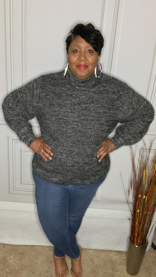 Plus Size Black Turtleneck Balloon Sleeve Sweater