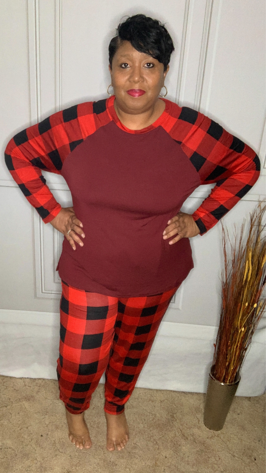 Plus Size Burgundy Plaid Lounge Sets