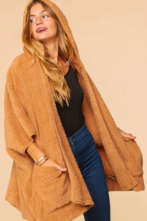Plus Size Cozy Sherpa Hoodie Poncho-Taupe