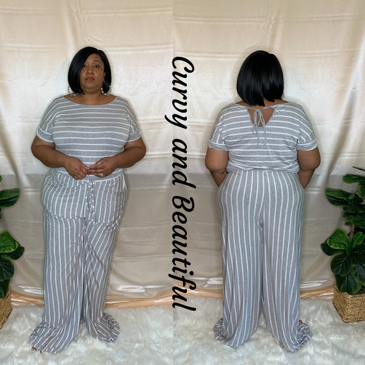 Plus Size Grey Strip Wide Leg  Jumpsuit