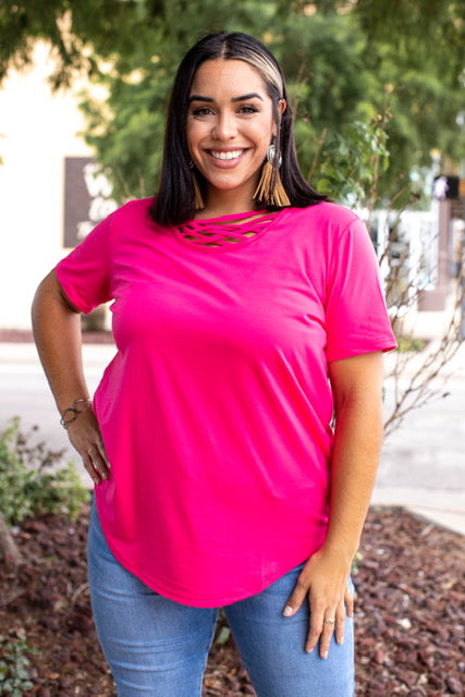 Plus Size Neon Pink Caged Neck Top