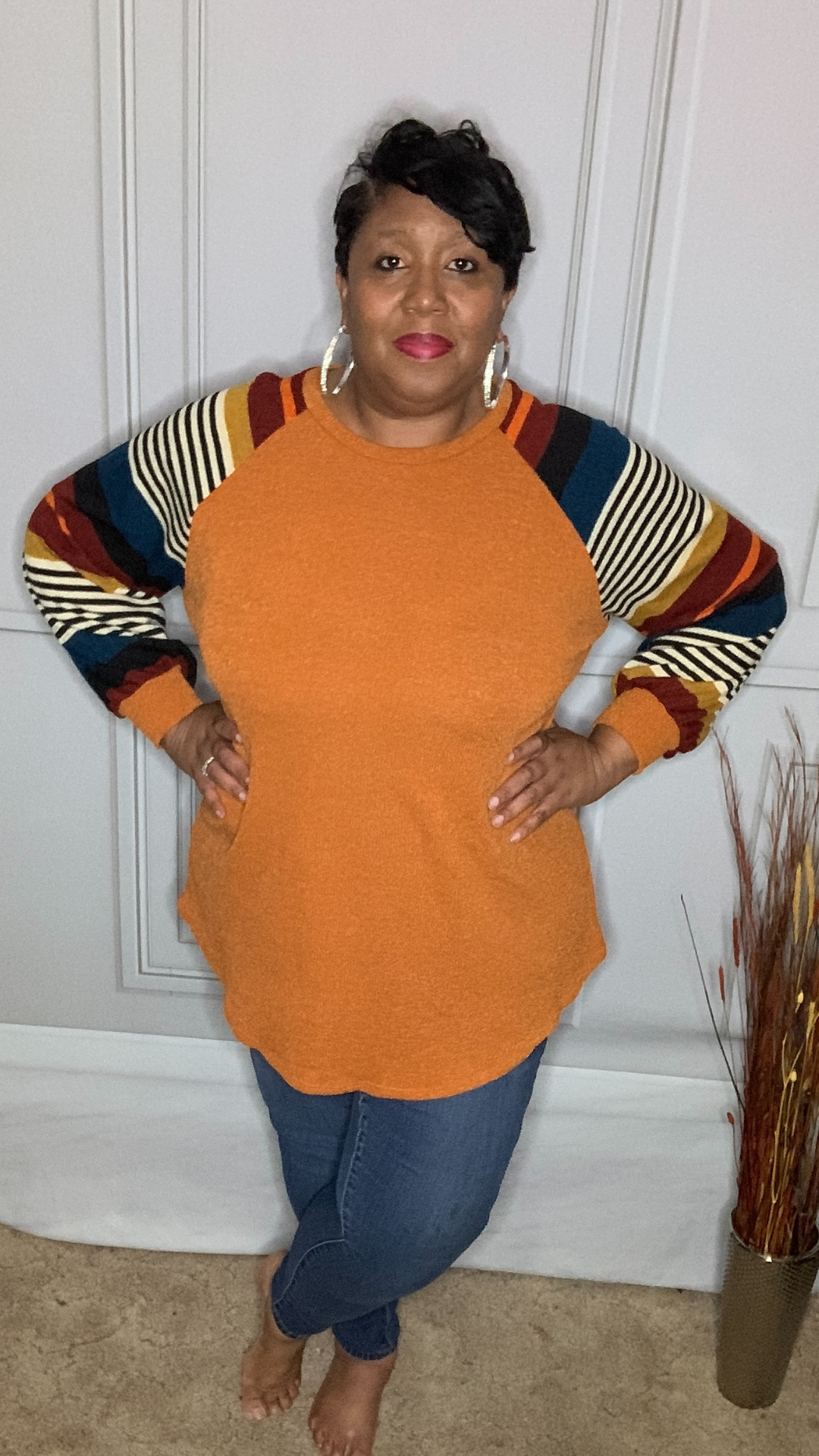 Plus Size  Strip Bubble Sleeve Sweater Top