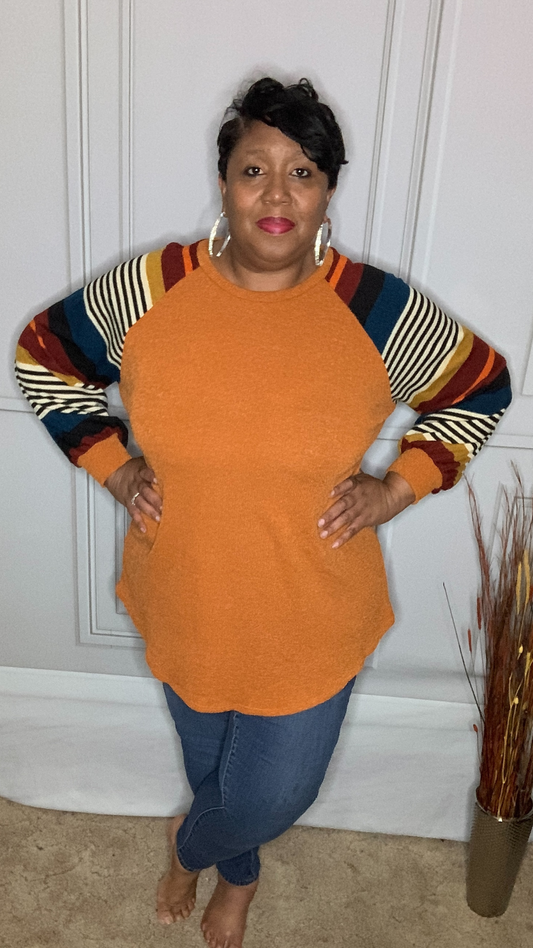 Plus Size  Strip Bubble Sleeve Sweater Top